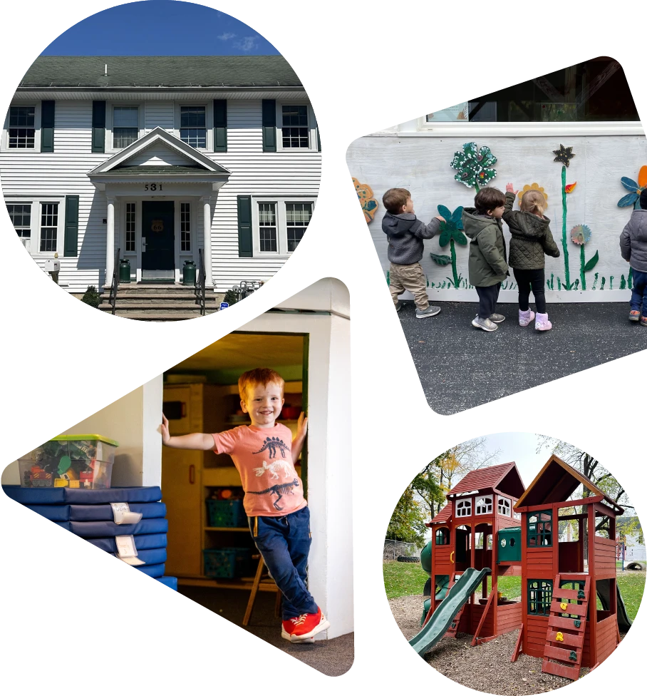 Photos of the school and students in shaped containers